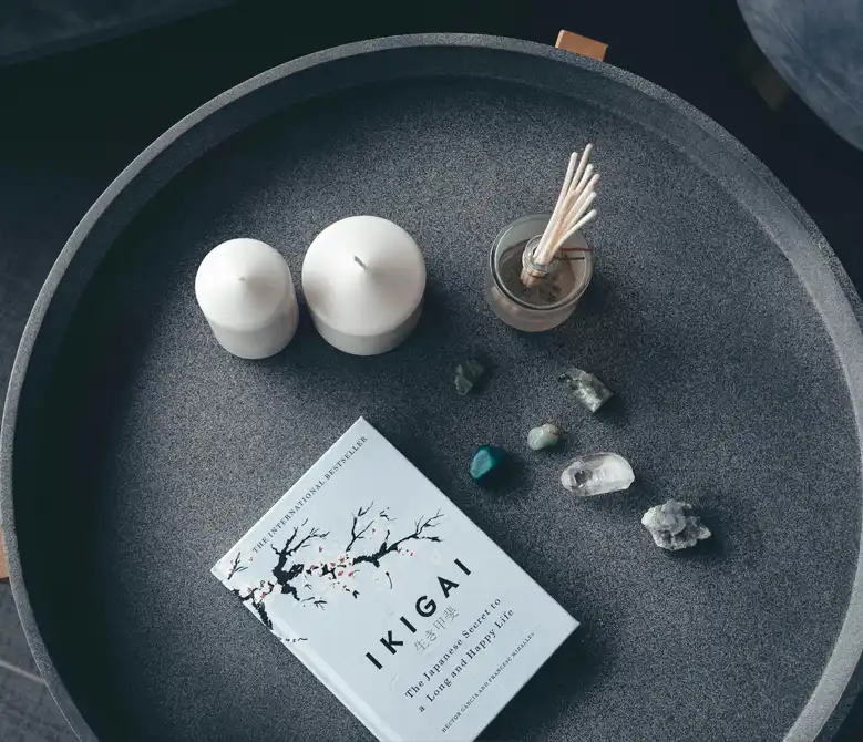 Charola con velas, piedras, incienso y el libro Ikigai